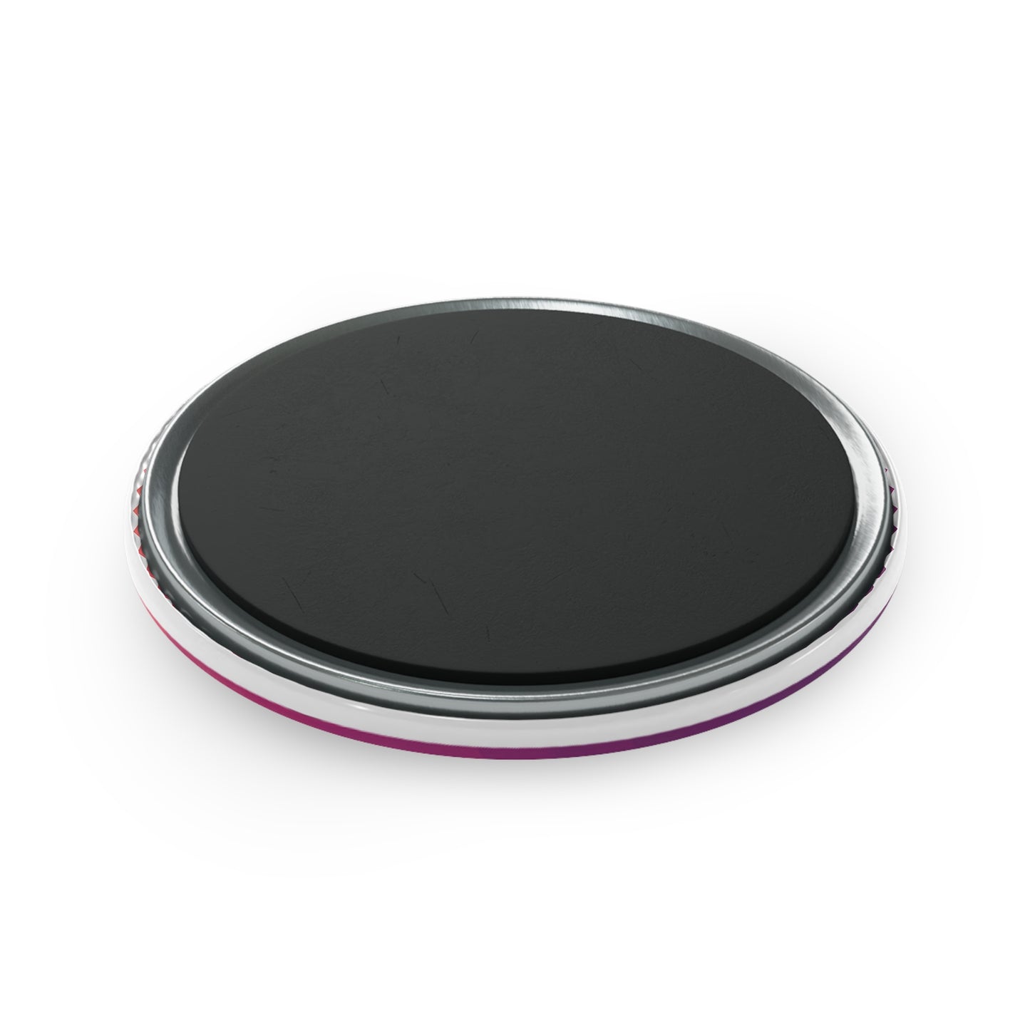 Black circular object with metallic rim on a white background
