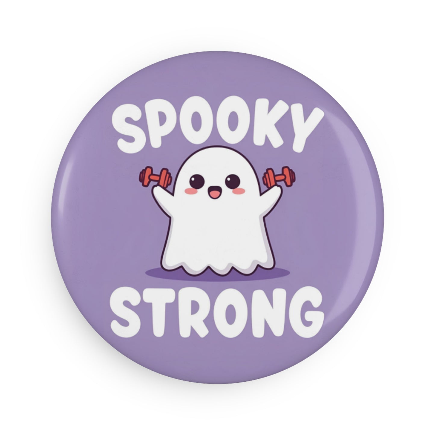 Button badge with a ghost lifting weights and 'Spooky Strong' text on a purple background