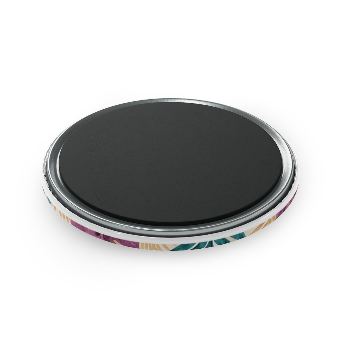 Round black magnet with colorful rim on a white background