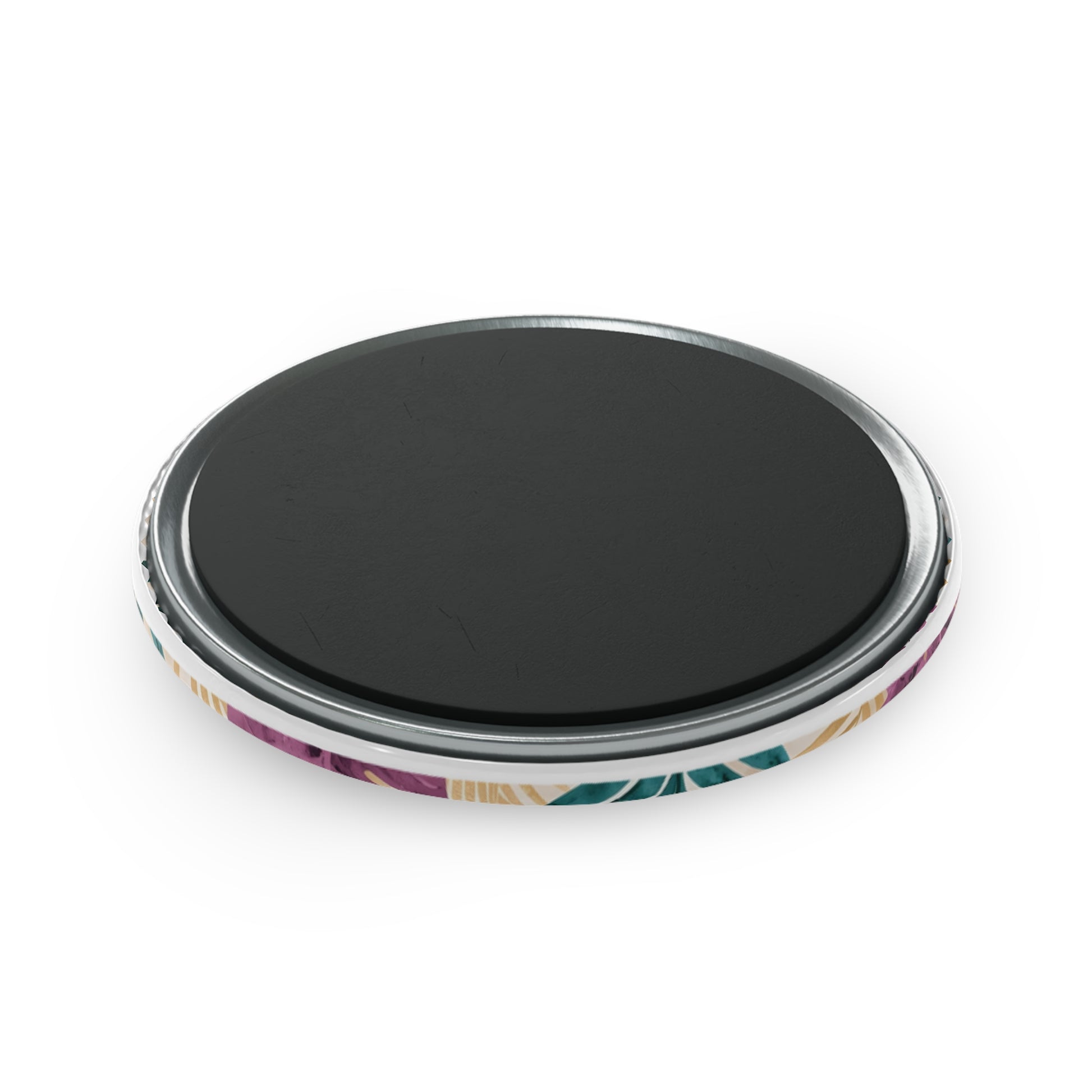 Round black magnet with colorful rim on a white background