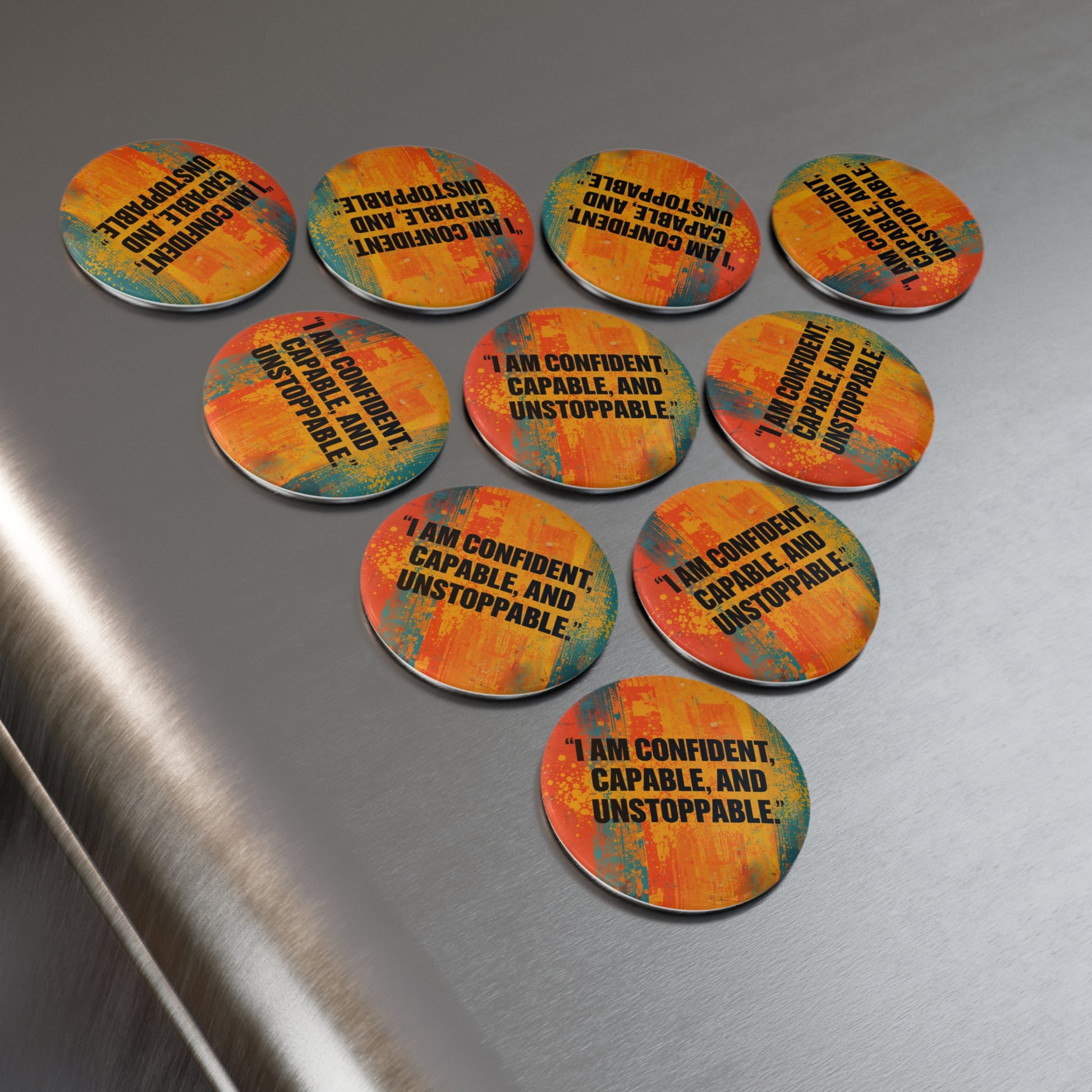 Motivational pins with affirmations on a metallic surface