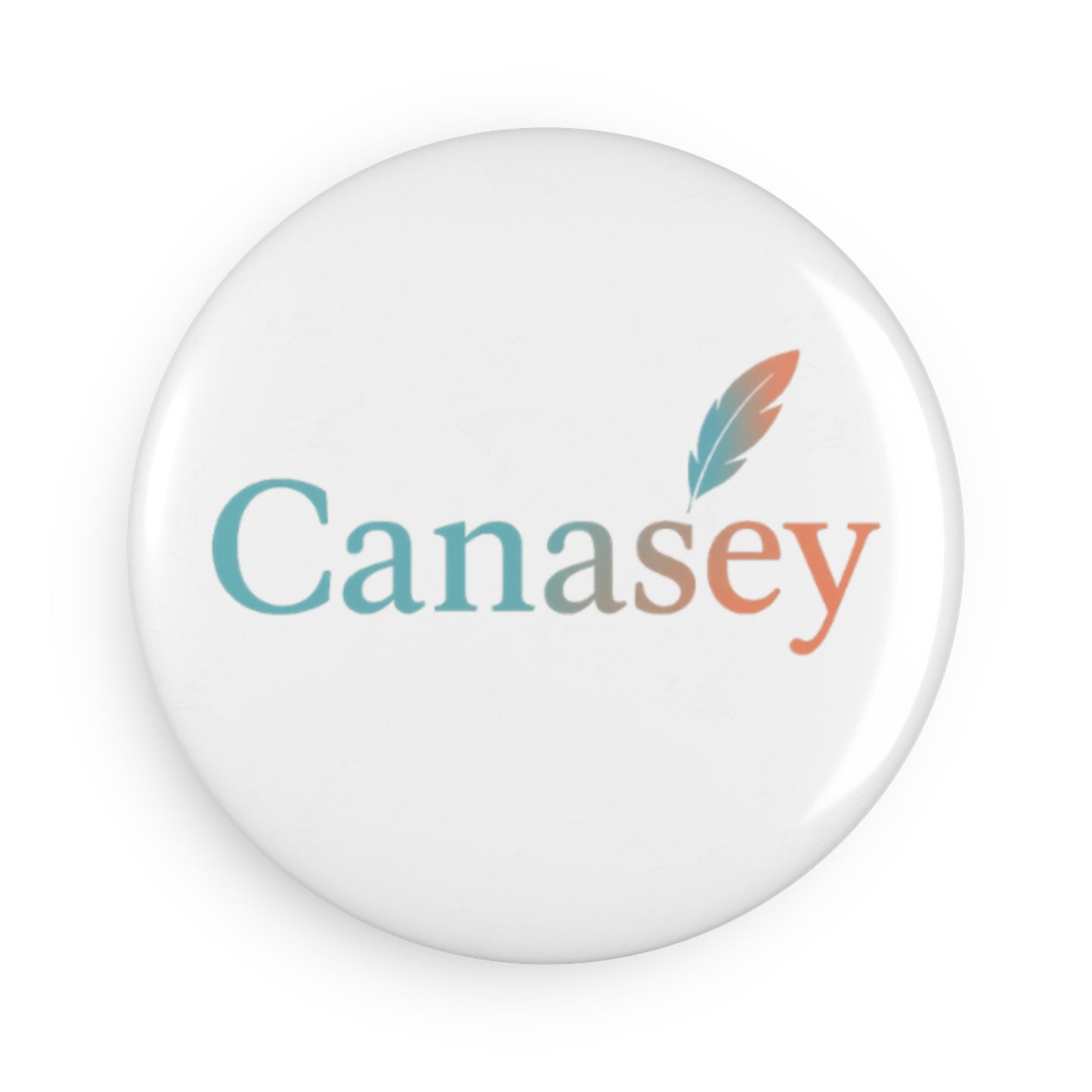 a button magnet with logo printed on it