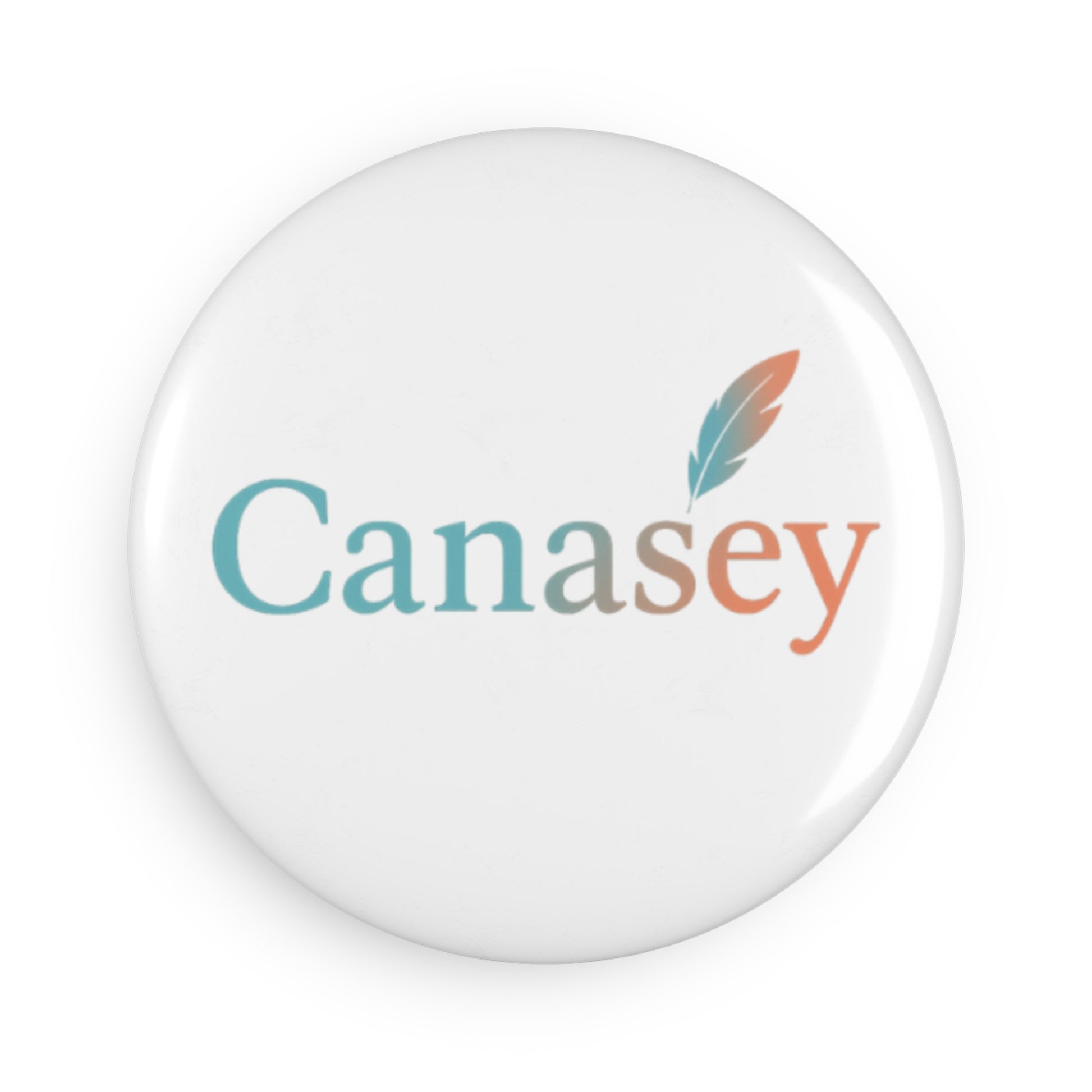 a button magnet with logo printed on it