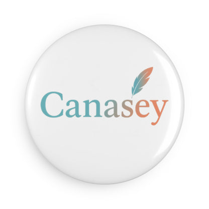 a button magnet with logo printed on it