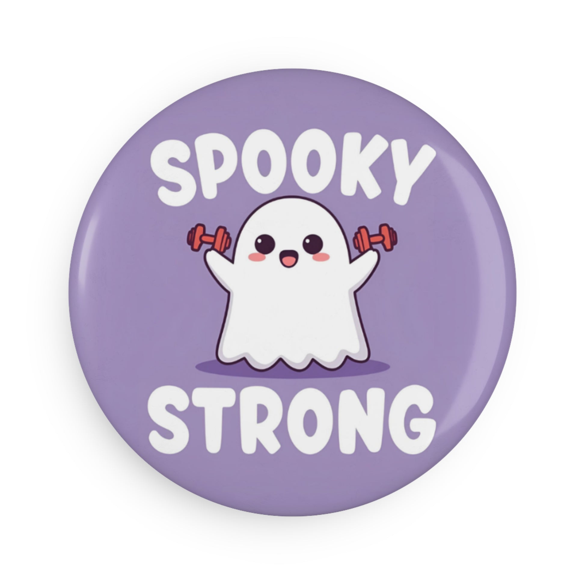 Button badge with a ghost lifting weights and 'Spooky Strong' text on a purple background