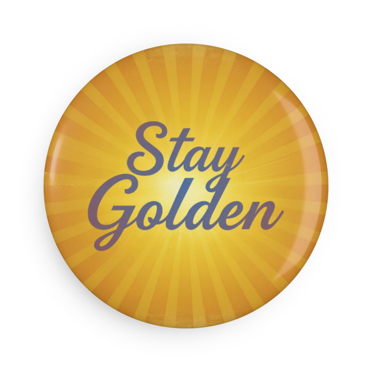 Round yellow button with 'Stay Golden' text on a white background